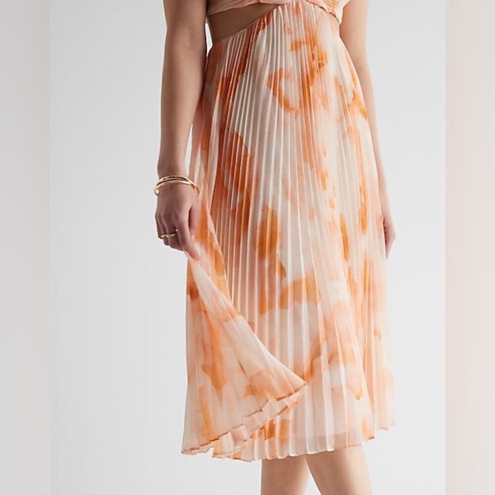 Express Midi Dress Floral Pleated Pastel Flowy Side Cut Out Size XL White Orange - Picture 4 of 15